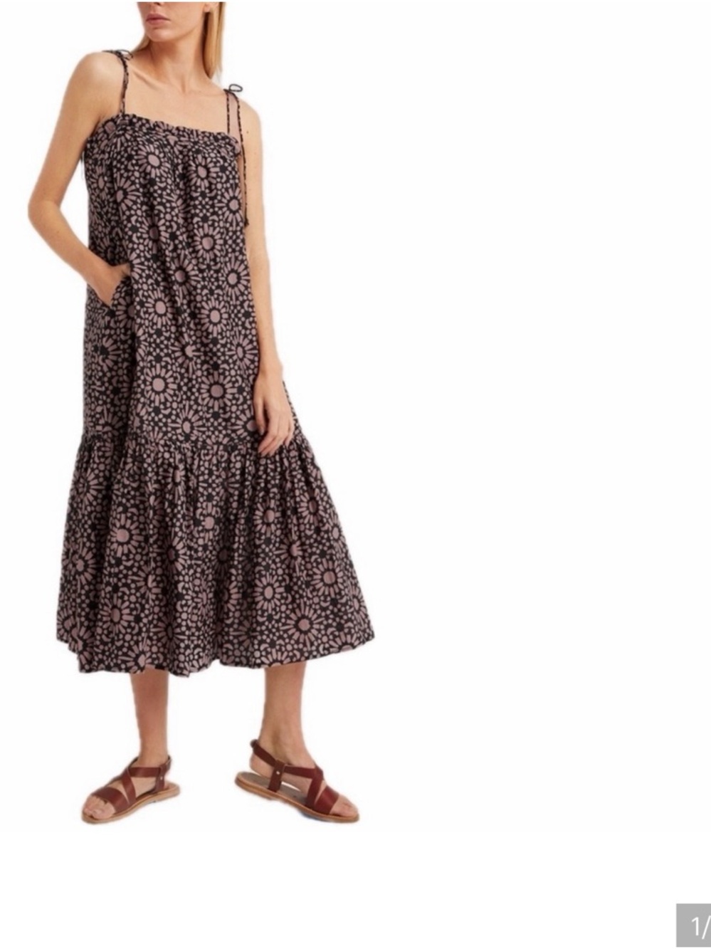MIRTH, M, Floral Tie-Strap Midi Dress in Black and Pink